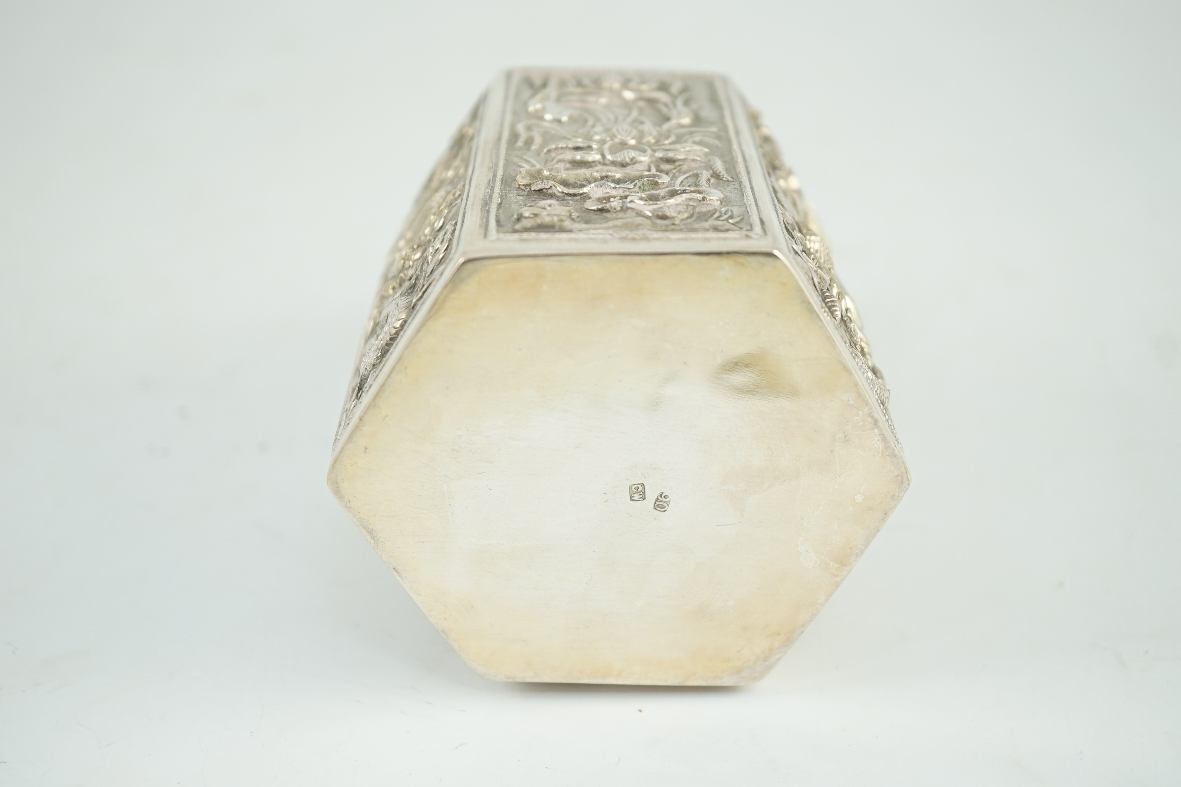 A late 19th century Chinese Export silver hexagonal tea caddy and cover, by Cumwo